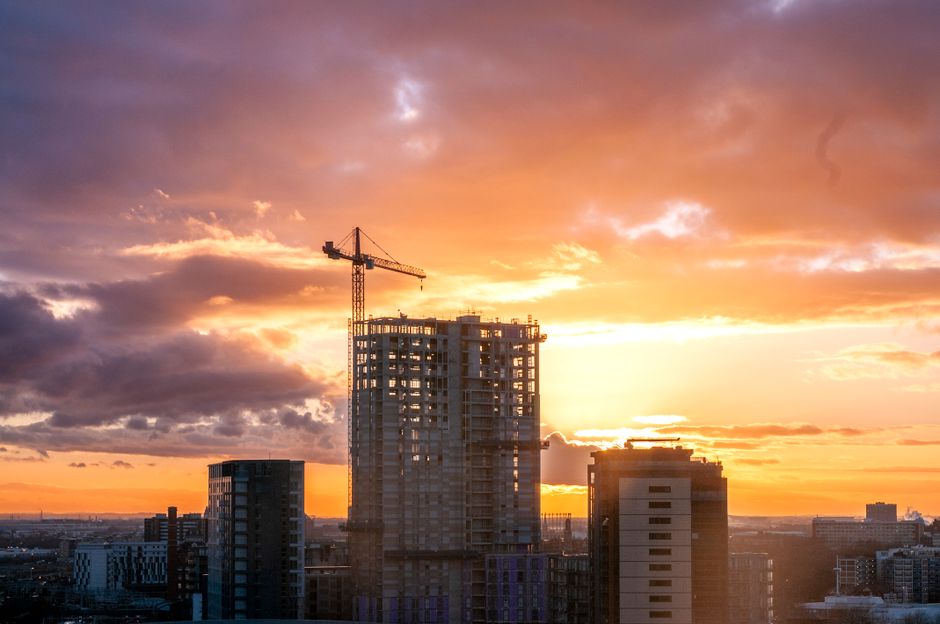 Captivating sunset scene over construction site with dramatic skies